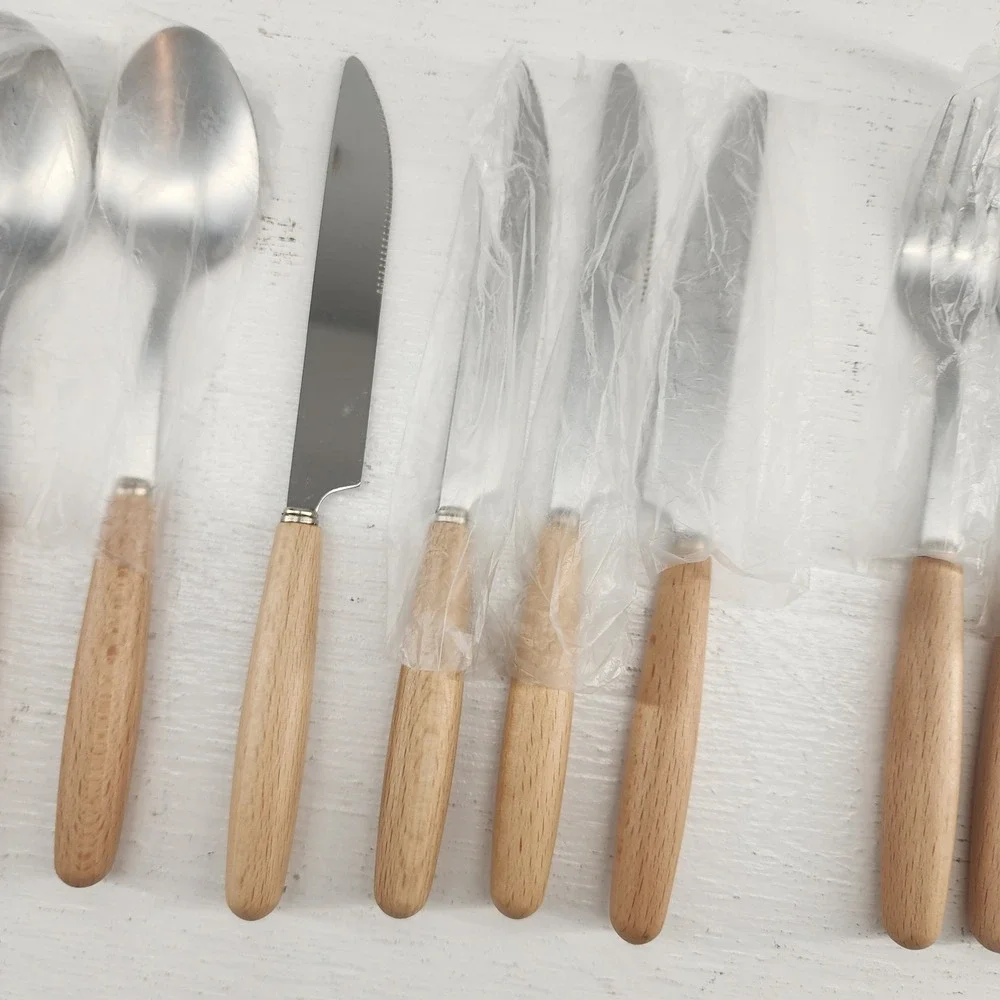 Wood Handle Flatware Set 12‎ Piece Stainless Steel Silver Modern Kitchen